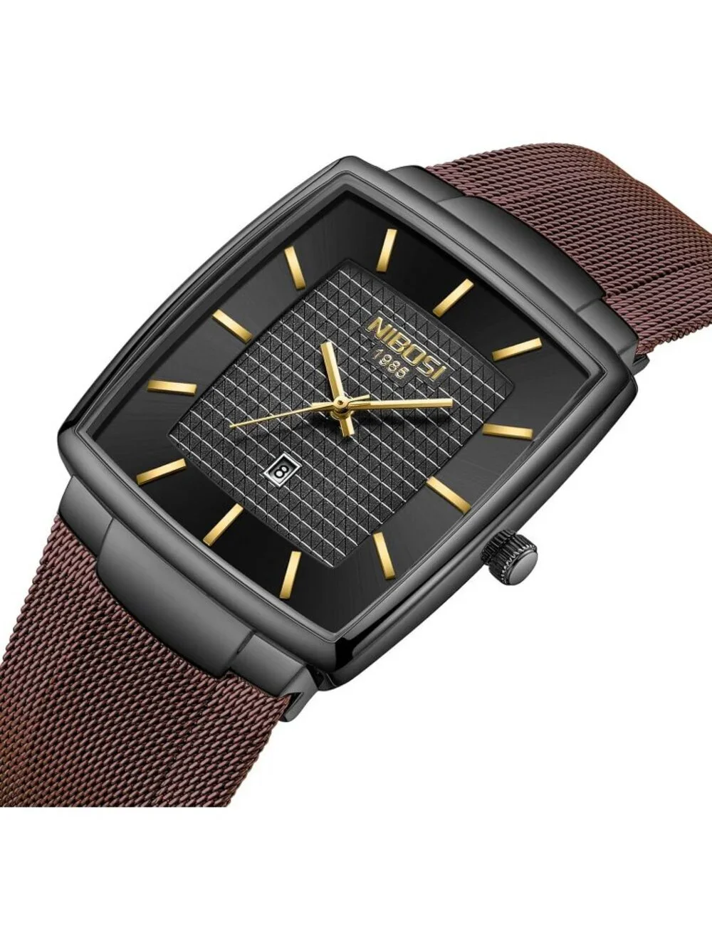 Nibosi Men's Brown Black Square Analog Mash Quartz Hook Buckle Waterproof Watch